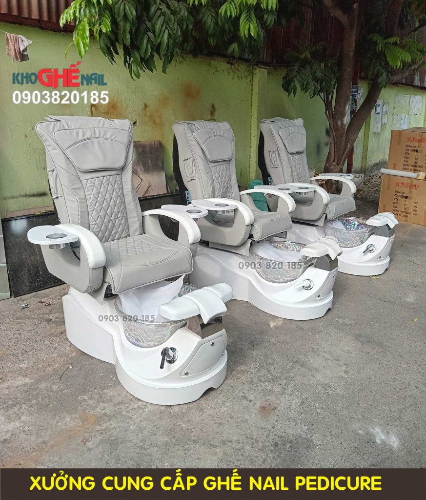 ghế nail pedicure bồn trắng da màu xám