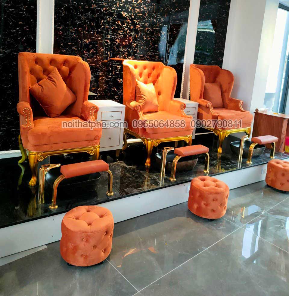 ghế nail sofa tân cổ điển bọc vải nỉ màu cam
